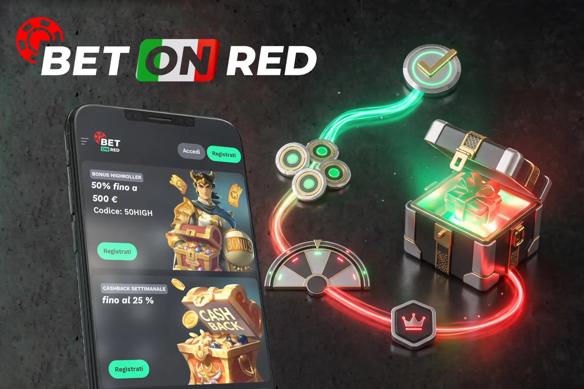 Vantaggiosi bonus senza deposito e promozioni speciali su BetOnRed, mostrati su display telefonico con uno scrigno luminoso collegato a badge e percorsi neon.