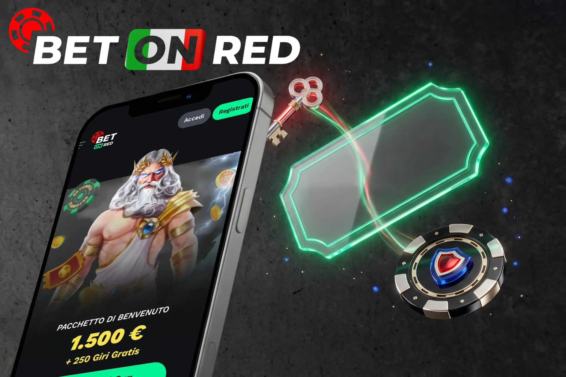 Attivazione di codici promozionali e coupon esclusivi per giochi da casinò, raffigurata su smartphone accanto a un biglietto neon e una chiave d'oro.