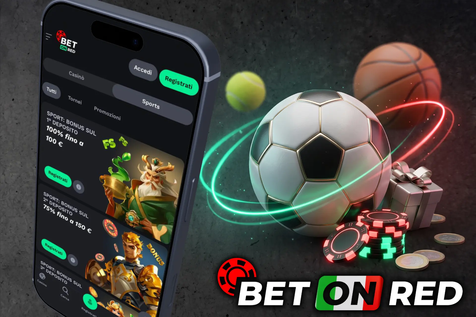 Bonus sul primo deposito per scommesse sportive ed eventi live, presentati su display mobile con un pallone da calcio, palline da tennis e fiches da gioco.