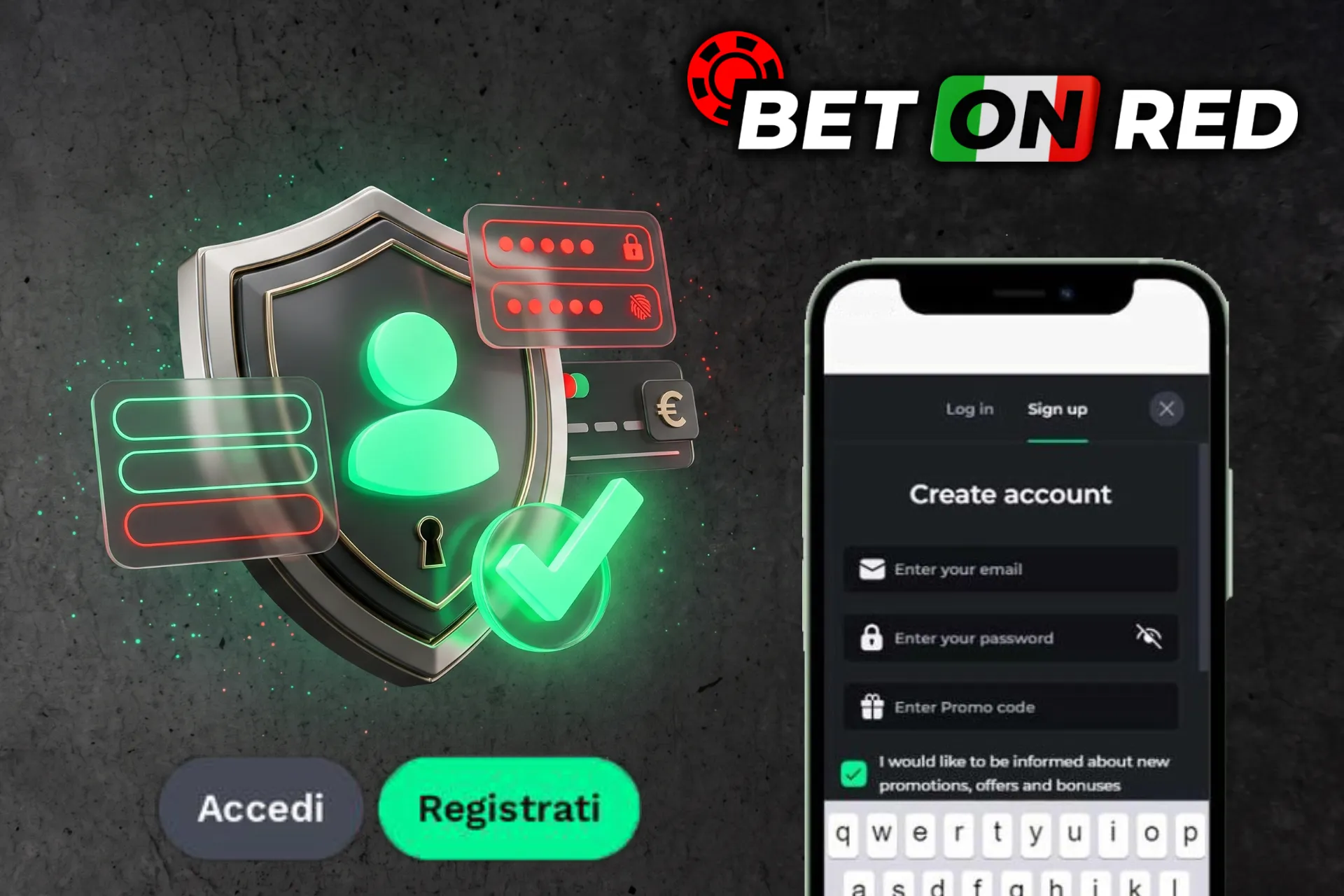 Creazione rapida e sicura dell'account di gioco dall'applicazione mobile, raffigurata su smartphone accanto a uno scudo blindato con sagoma utente e spunta.