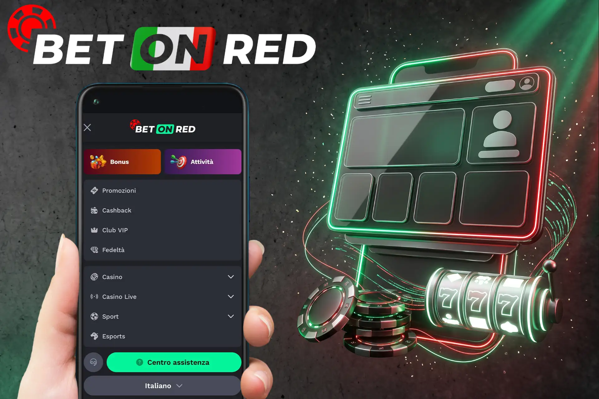 Versione mobile ottimizzata e navigazione fluida per casinò online, illustrata da uno smartphone tenuto in mano con interfaccia olografica e slot 777.